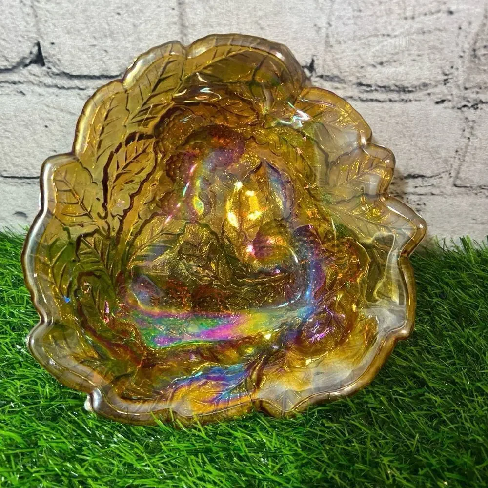 Vintage Carnival Glass Marigold Loganberry Leaf Pattern Sculpted Top Relish Dish